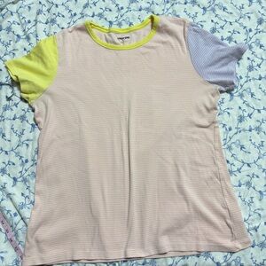 Lands' End Pastel Striped Patchwork Tee with Yellow Trim